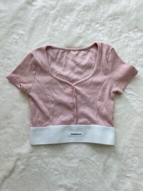 Ribbed Pink Cropped Button-Front Top with White Hem